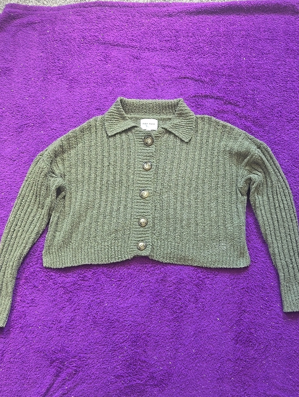 Pink Rose Olive Green Cropped Ribbed Button Cardigan